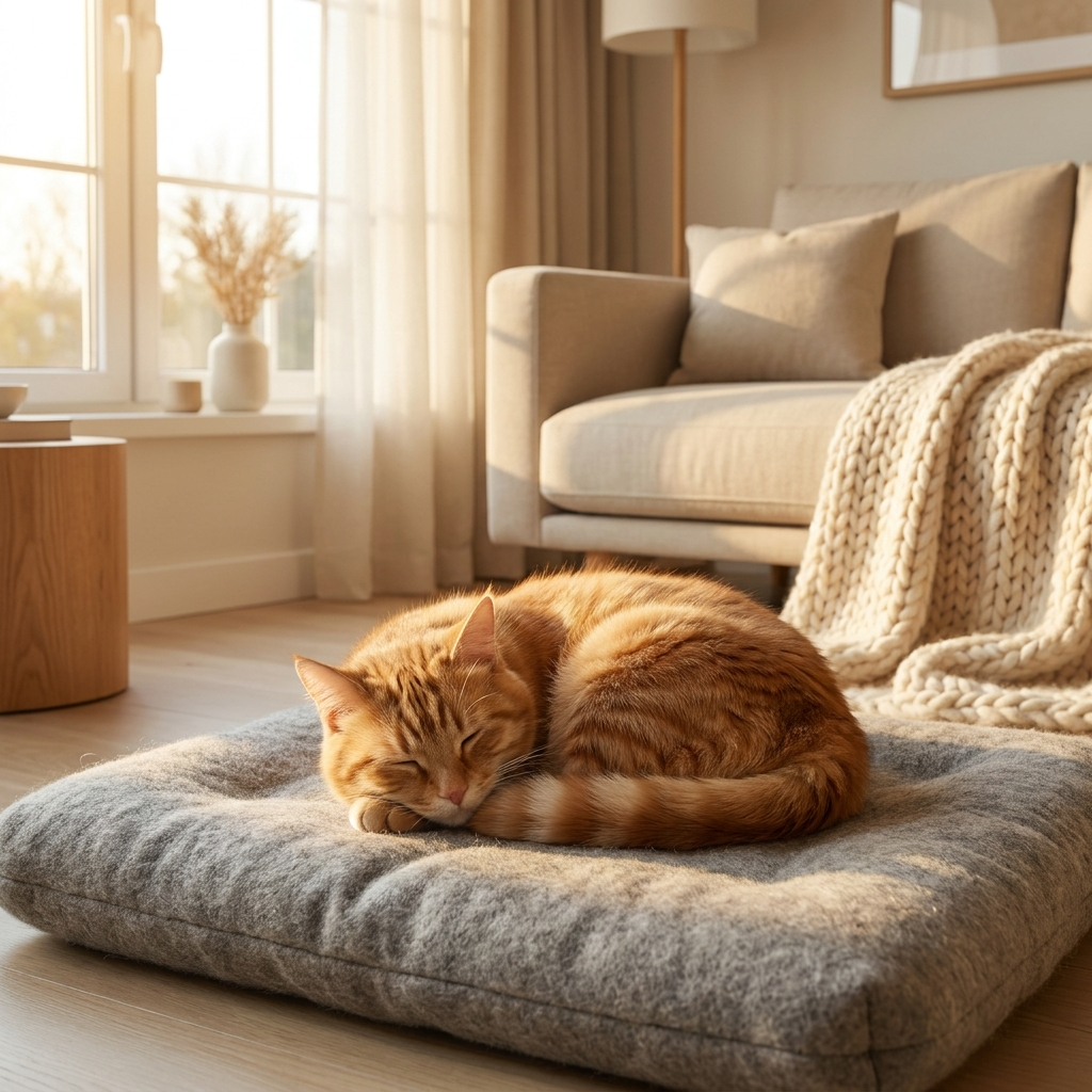 Cat curled up cosy on a soft pet mat