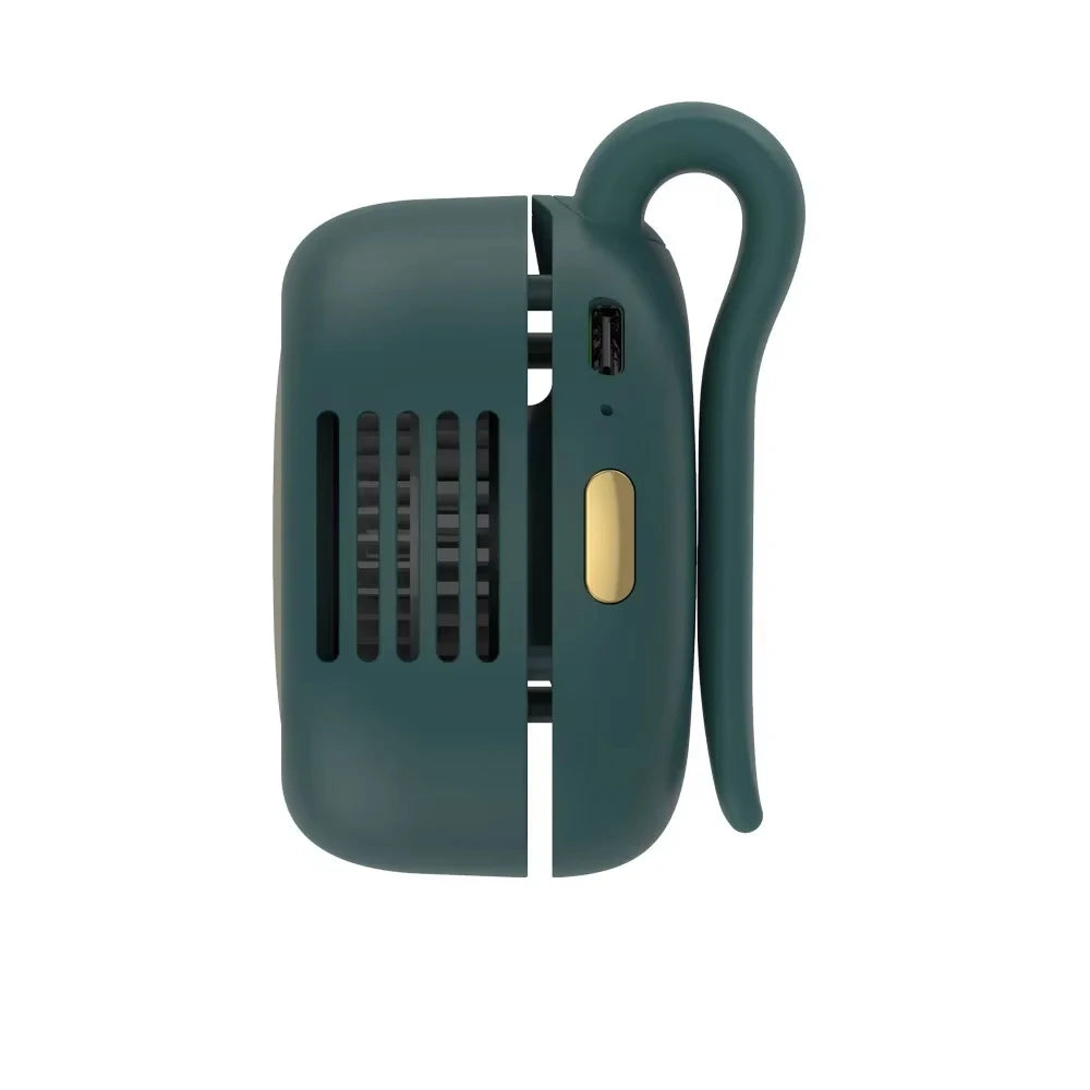 PocketBreeze clip-on bladeless mini fan clipped to clothing, hands-free